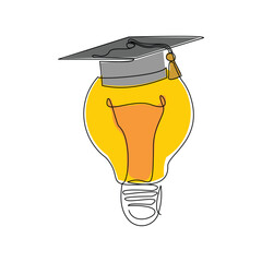 Continuous single one line sketch drawing of bulb lamp idea graduation student college hat cap education vector illustration editable stroke