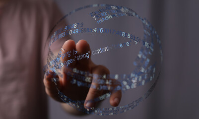 Abstract image of a person's hand interacting with a digital sphere, representing technology, internet, and data. Suitable for illust