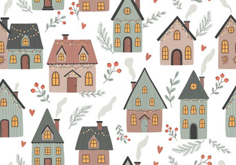 Naklejka premium Seamless pattern with cute winter houses and christmas decorations on