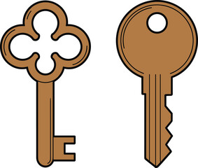 Vintage and modern key vector illustration set featuring antique skeleton key and classic metal key for security, lock, home, and access themes
