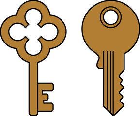 Vintage and modern key vector illustration set featuring antique skeleton key and classic metal key for security, lock, home, and access themes