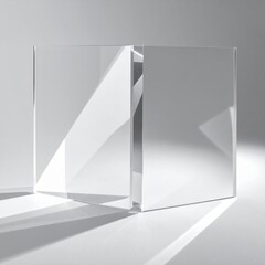 Three clear glass blocks arranged on a white surface with dramatic light and shadow play