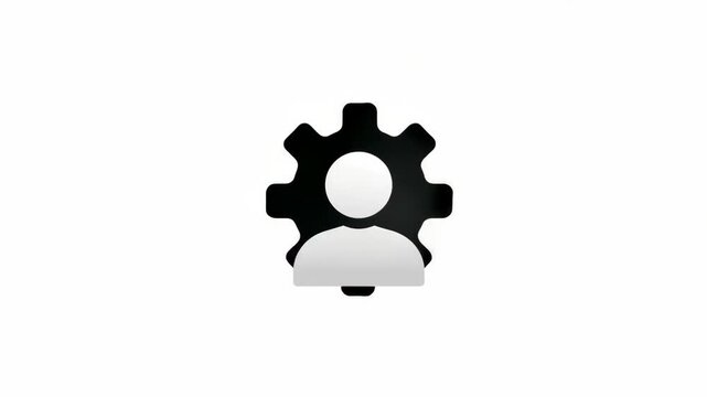 Black and white minimal icon of user with gear on white background, symbolizing settings, profile customization and management concept