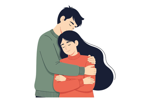 Man comforting a sad or upset woman with a hug