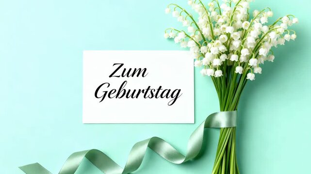 Bouquet of lily of the valley arranged with a satin ribbon beside a German birthday card on a mint background, with ample copyspace to the left for messages or branding and soft even lighting for clea