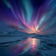 Landscape of an aurora borealis with a river below and a snow-covered mountain in the background