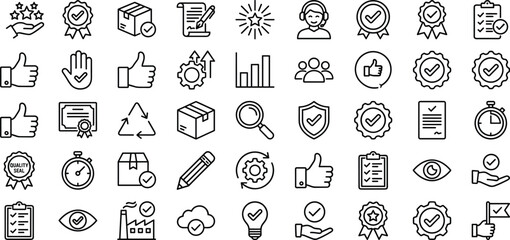 Quality assurance, certification, productivity, business support, checklist, approval icons set with shipping, management, evaluation, monitoring, success, verification, and workflow symbols