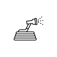 A garden hose pours and sprays water. Vector line art icon and sign. Outline illustration.
