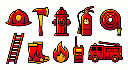 Cartoon Firefighter Gear and Emergency Services Icons Set
