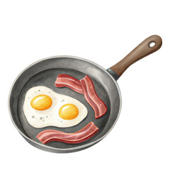 Watercolor camping breakfast with frying pan bacon and eggs illustration for outdoor cooking scenes