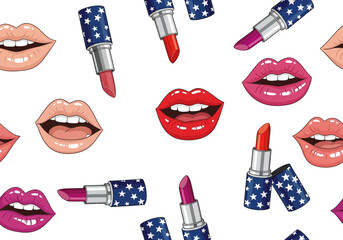 Seamless pattern of pop art style lips and lipstick tubes with american flag stars and stripes design, white