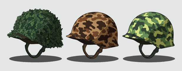 Fototapeta premium Collection of three distinct military helmets showcasing varied camouflage patterns and natural leafy cover for tactical operations.