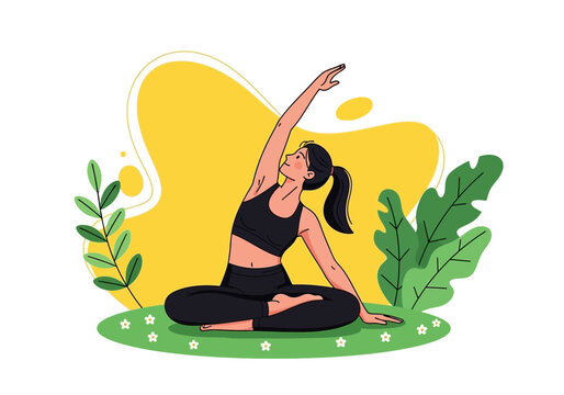 Woman practicing yoga in side bend pose parsva sukhasana outdoors with greenery and yellow abstract background