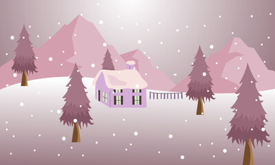 Cozy winter cottage nestled amidst snow-covered trees and gentle snowfall, under a soft pink sky, evoking a serene and peaceful holiday atmosphere