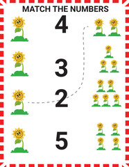 Match the numbers with sunflower characters activity for kids