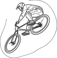 Naklejka premium Dynamic black and white outline illustration captures a skilled cyclist performing an extreme jump on a mountain.