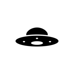 Black silhouette icon of a UFO flying saucer. Minimalist alien spaceship symbol with lights. Isolated simple vector illustration of an extraterrestrial spacecraft on a white background.