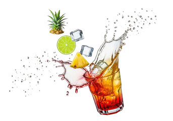 Dynamic tropical cocktail splash with pineapple, lime, and ice, isolated on transparent background