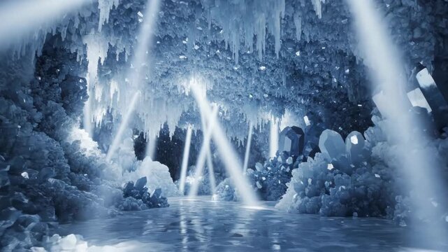 A mystical ice cavern reveals a subterranean grotto with crystalline formations. Bright beams of light pierce through the icy ceiling
