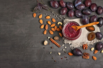 Preparation of plum sauce,ingredients.Top view.Concrete background.