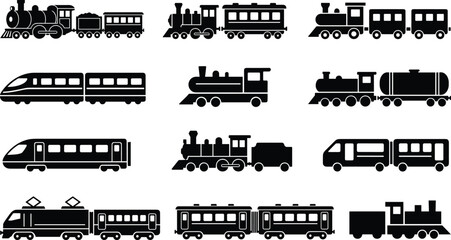 Train icon grid, steam and electric locomotives, passenger and freight cars, silhouette collection, railway transport, vector illustration, design © MdMahmudul