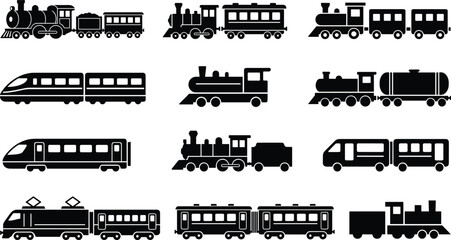 Train icon grid, steam and electric locomotives, freight and passenger cars, silhouette collection, railway transport, vector illustration, design © MdMahmudul