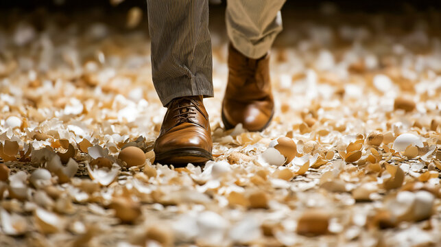 Businessman walking carefully on eggshells, wearing brown leather shoes and striped pants, symbolizing caution, stress, and delicate situations in challenging environment