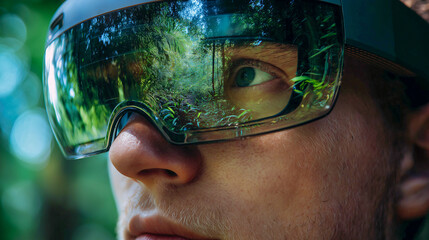 Person wearing virtual reality goggles with jungle reflection close up face immersive technology nature exploration futuristic green environment curiosity adventure outdoor setting