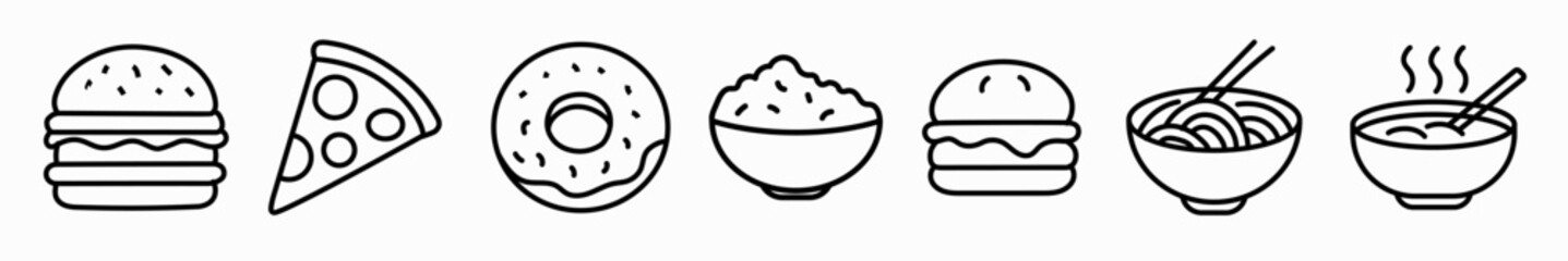 Set of Food Line Icons – Burger, Pizza, Donut, Dumplings, Noodles and Bowl Outlined Illustration
