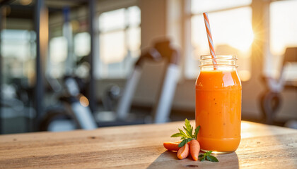 Refreshing carrot juice in glass jar with straw set on wooden table in gym during sunset. Carrot juice garnished with fresh baby carrots creates an uplifting energy for fitness enthusiasts.