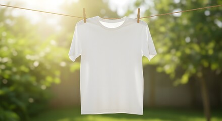 Clean white t-shirt drying on a clothesline in warm sunlight, fresh laundry