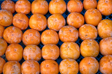 Ripe persimmons stacked in crate for market sale.