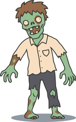 Cartoon illustration of a green-skinned zombie with tattered clothes and messy hair, standing with outstretched arms.