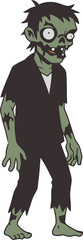 A full-body cartoon illustration of a green-skinned zombie with ragged clothes and messy hair, standing and looking forward.