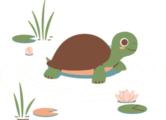 A cute cartoon turtle with a brown shell and green body smiles while floating in a pond with lily pads and pink lotus flowers.