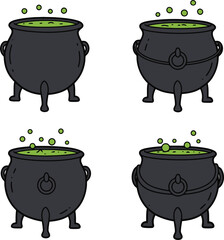 Four hand-drawn black cauldrons with bubbling green liquid, perfect for Halloween or magic themes.