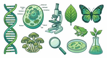 Green Biology Icons: DNA, Cell, Microscope, Animals, Plants