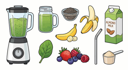 Vegan Green Smoothie Ingredients and Blender Illustration Set