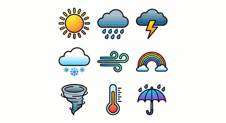 Weather Icons Set: Sun, Rain, Snow, Storm, Tornado, Rainbow