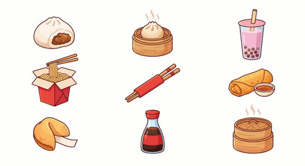 Cute Chinese Food and Dim Sum Icons Set