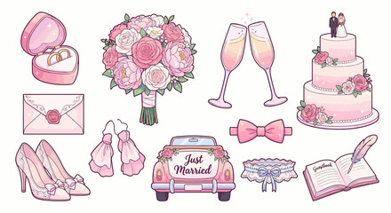 Romantic Pink Wedding Set of Cute Cartoon Elements