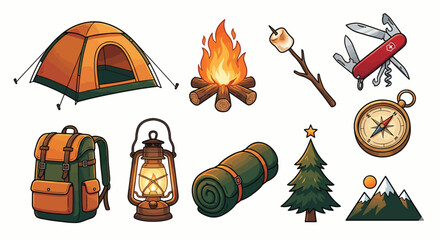 Cartoon Set of Outdoor Camping Gear and Hiking Equipment