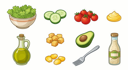 Healthy Salad Components Cartoon Icons Collection