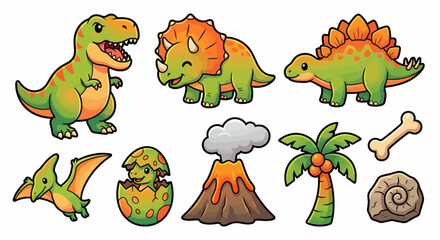 Cute Cartoon Dinosaur and Prehistoric Elements Set