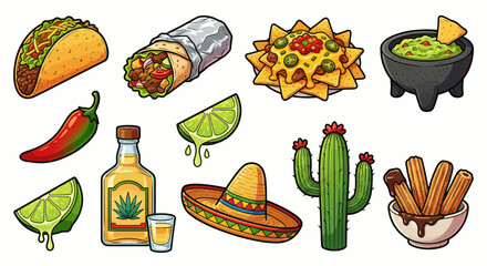 Vibrant Mexican Food and Fiesta Elements Cartoon Illustration