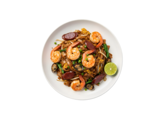 Penang char kuey teow shows off this popular fried noodle dish, which includes cockles, shrimp, and eggs, all tossed in a savory black sauce, found in eateries across Malaysia.
