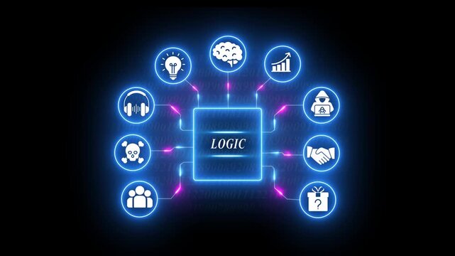 Logic Network Concept with Icons and Binary Code Background reason thinking