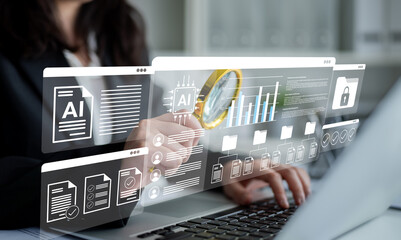 A business professional interacts with a digital interface that features AI graphics and analytical tools, emphasizing modern data analysis and technology. Gantry