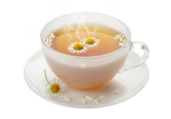 Hot chamomile tea in glass cup with saucer, isolated on transparent background