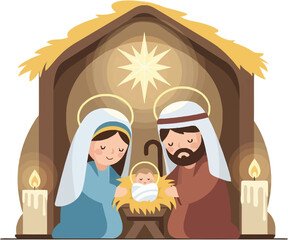 A charming cartoon illustration of the Nativity scene with Mary, Joseph, and baby Jesus in a manger under a shining star, flanked by candles.